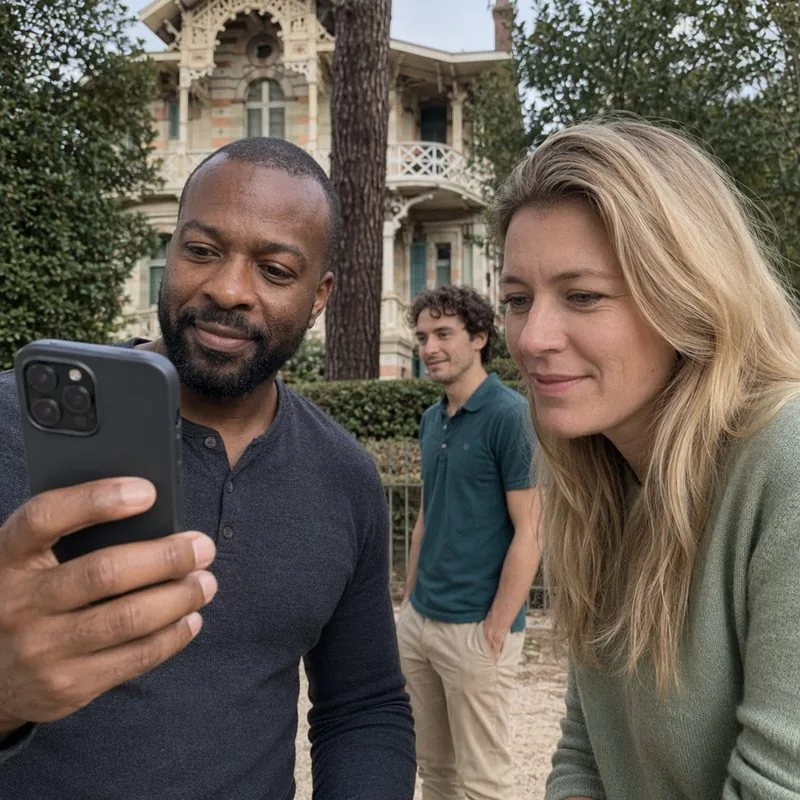 Équipe qui résout une énigme sur smartphone pendant un jeu de piste à Arcachon
