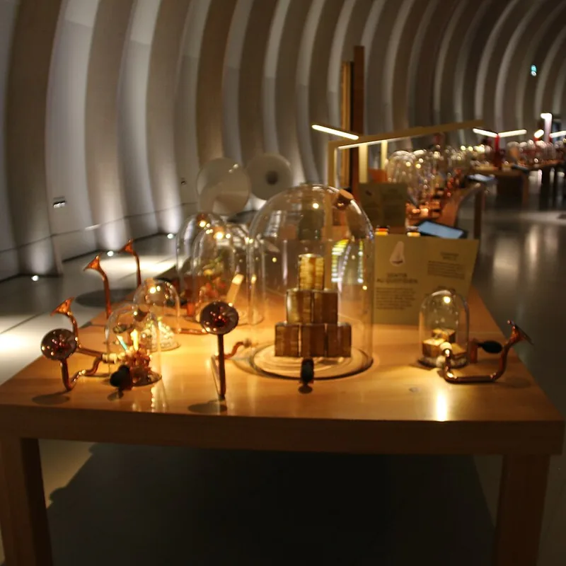 Vitrines lumineuses de l'exposition permanente de la Cité du Vin
