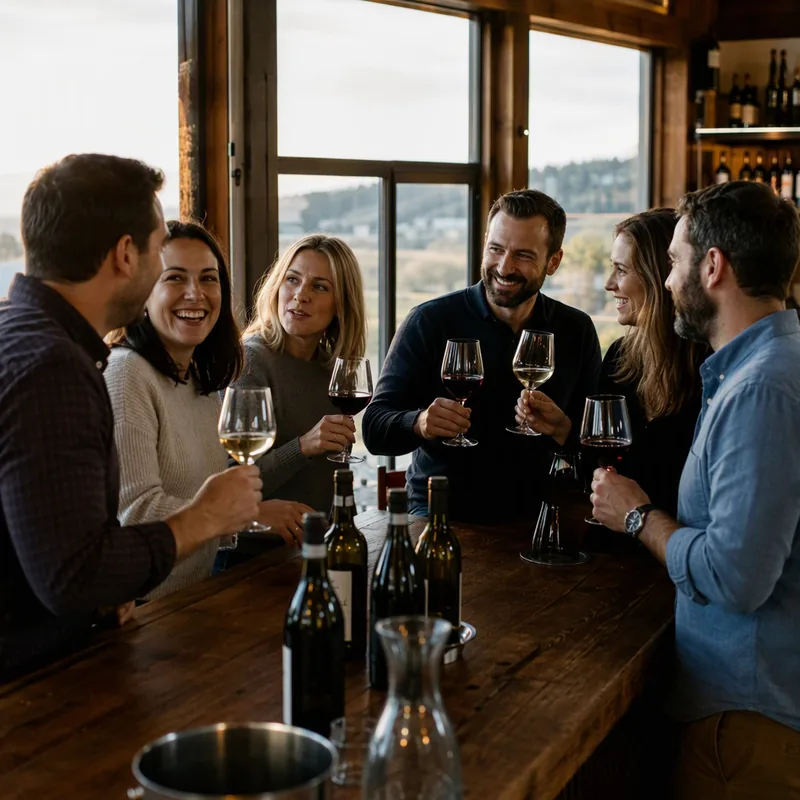 Collègues qui trinquent au vin rouge et blanc autour d'un comptoir en bois
