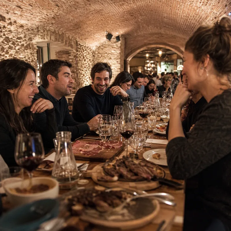 Équipe attablée autour de grillades et de verres de vin sous une voûte en pierre