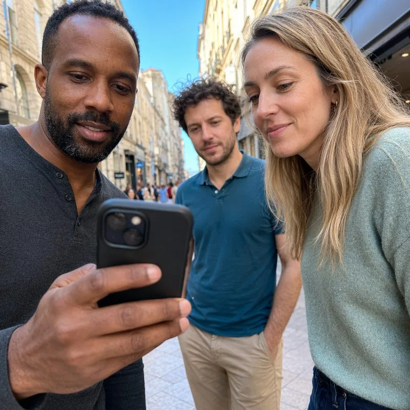 Trois collègues qui consultent une énigme sur smartphone