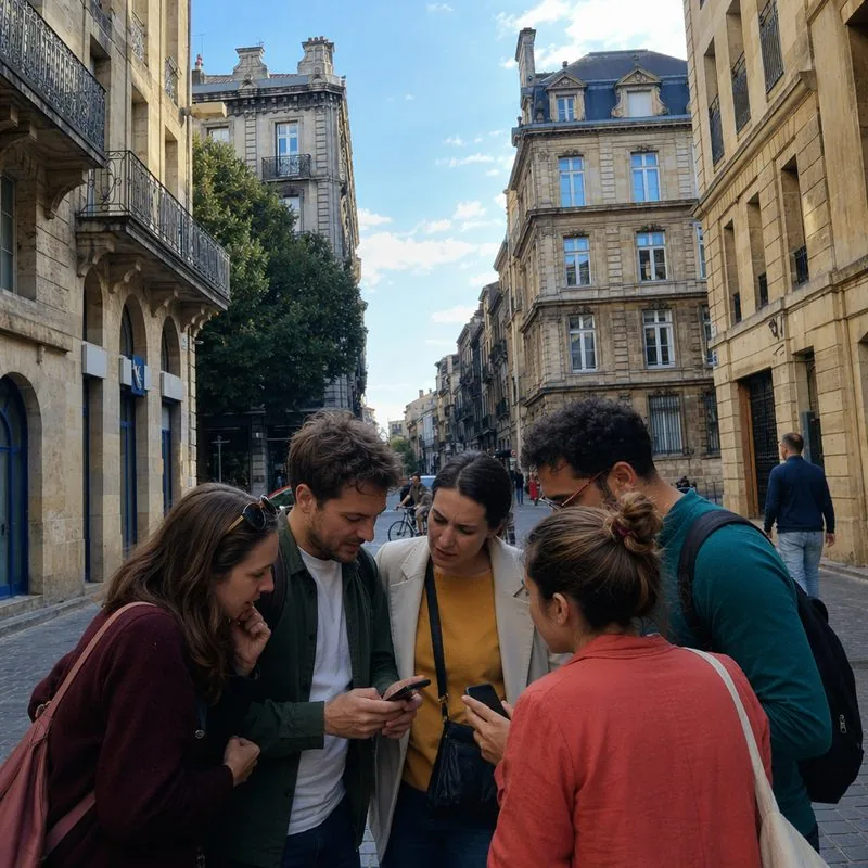 Équipe penchée sur ses smartphones dans une rue de Bordeaux