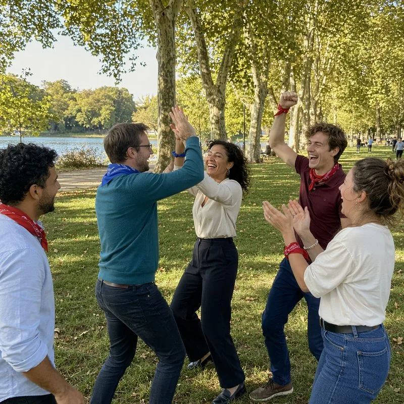 Équipes en bandeaux de couleur qui fêtent un point dans un parc au bord de l'eau