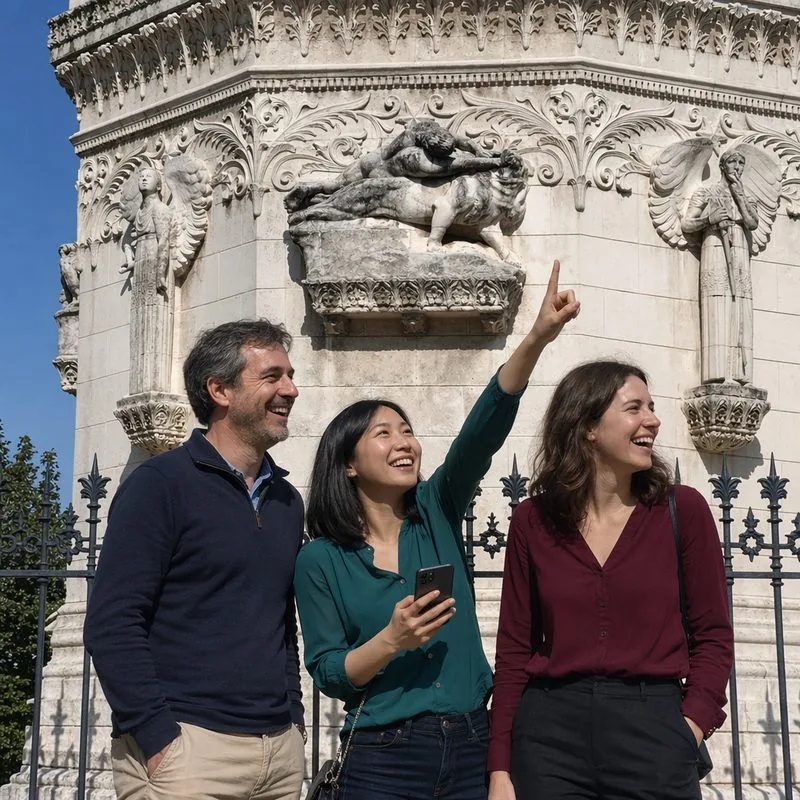 Trois collègues qui pointent un détail sculpté sur un monument