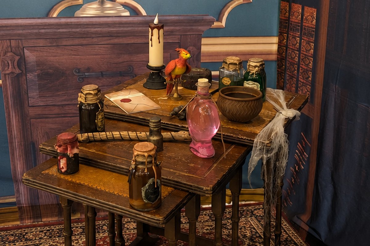 Escape game magie mobile, table des potions du décor avec fioles scellées, chandelle et grimoires, animation en entreprise
