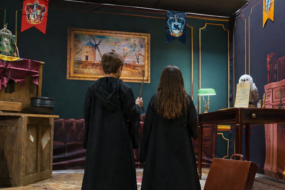 Animation magie mobile, deux joueurs en robe de sorcier sous les bannières des maisons dans le décor de l'école de magie