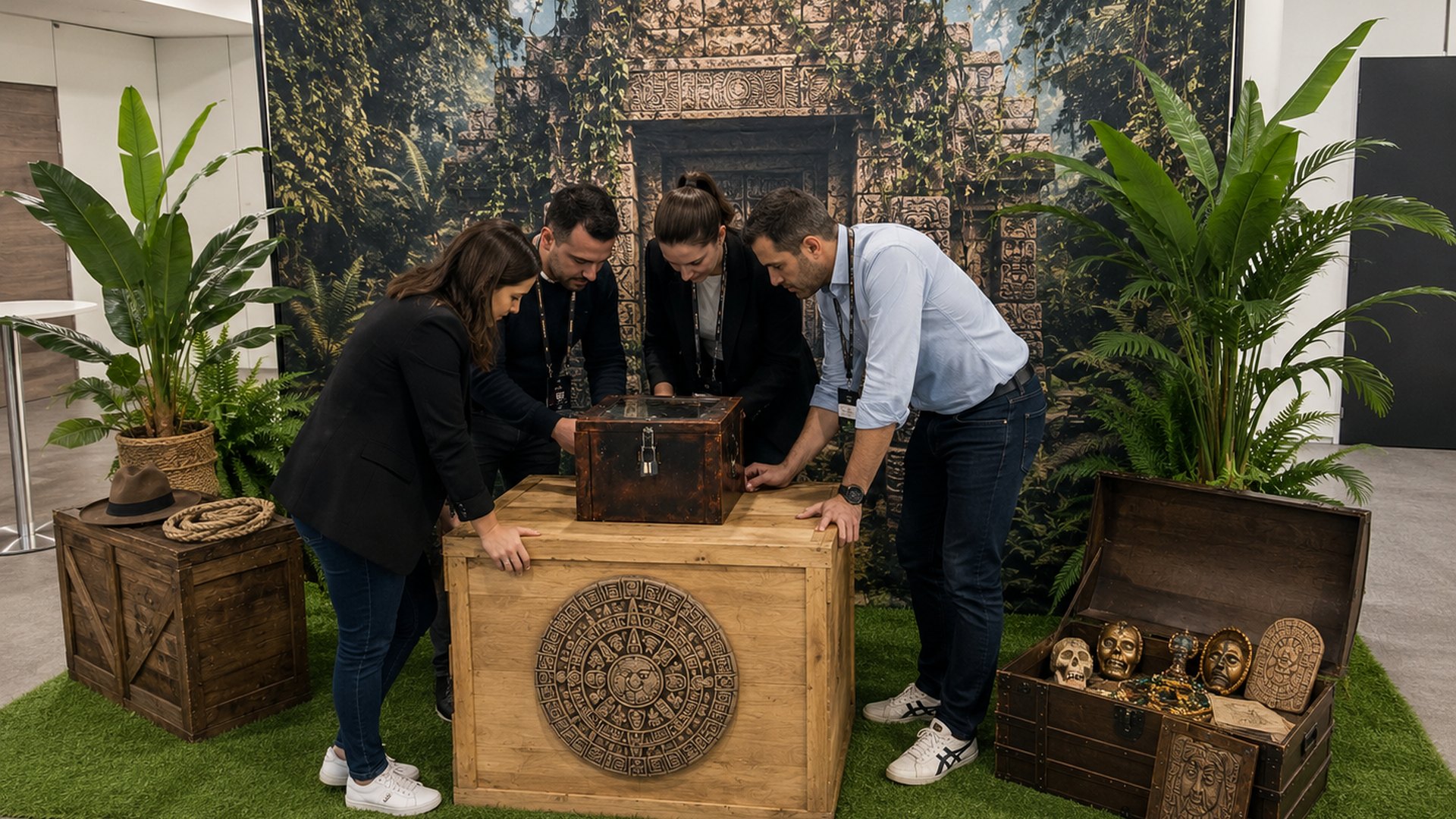 Disque de pierre gravé du calendrier sacré, détail du visuel d'intention de l'animation escape game mobile thème Maya, en entreprise