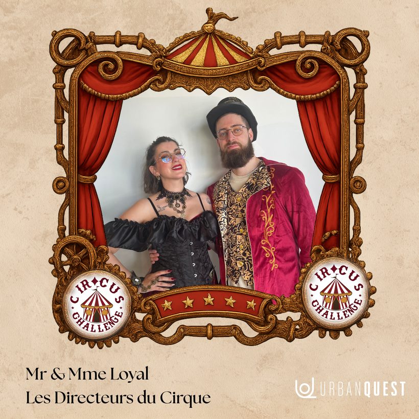 Monsieur et Madame Loyal, les directeurs du Circus Challenge, haut-de-forme et redingote grenat