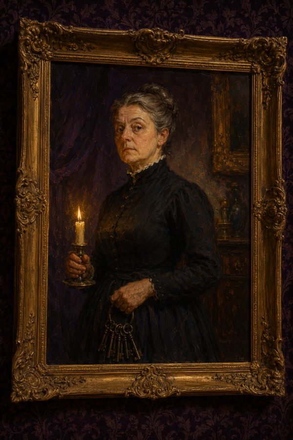 Portrait peint d'Agathe Brume, la gouvernante, suspecte de Minuit au Manoir