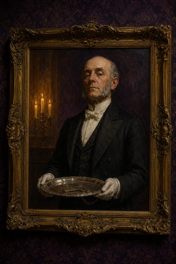 Portrait peint de Barnabé, le majordome du manoir, suspect de Minuit au Manoir