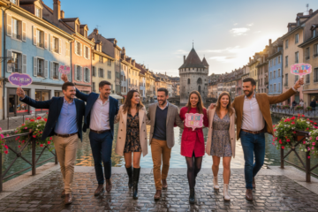 Groupe d amis celebrant un EVG EVJF dans la vieille ville d Annecy