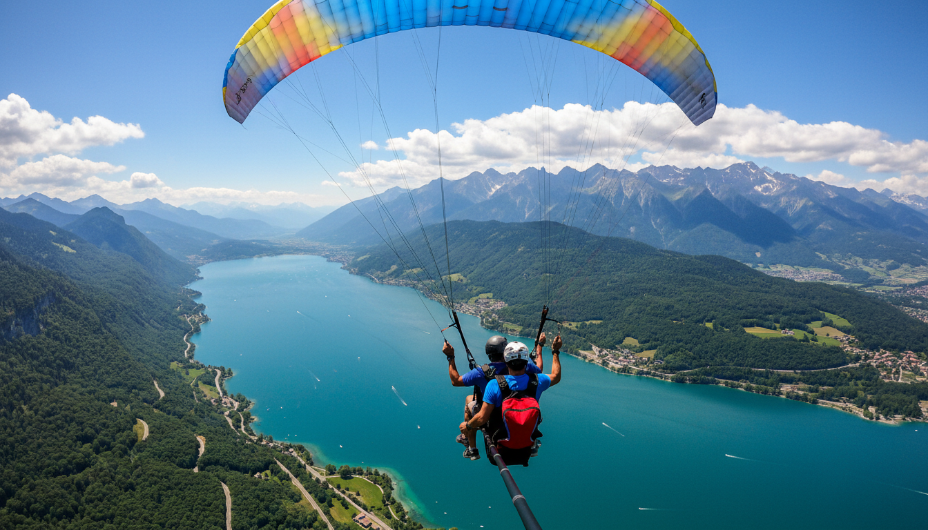Vol en parapente au-dessus du lac d'Annecy avec vue sur les montagnes pour un EVG EVJF