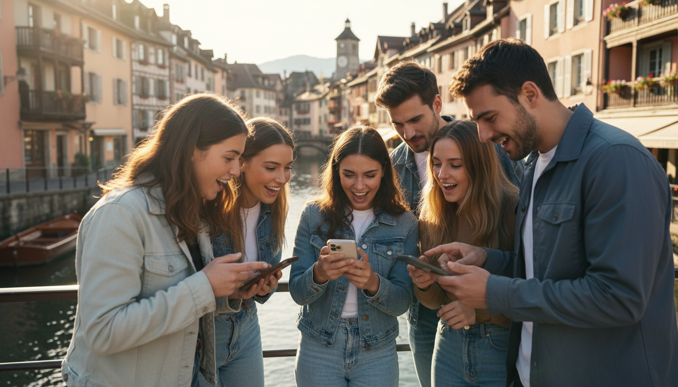 Groupe d'amis jouant au jeu de piste Urban Quest dans la vieille ville d'Annecy pour un EVG EVJF