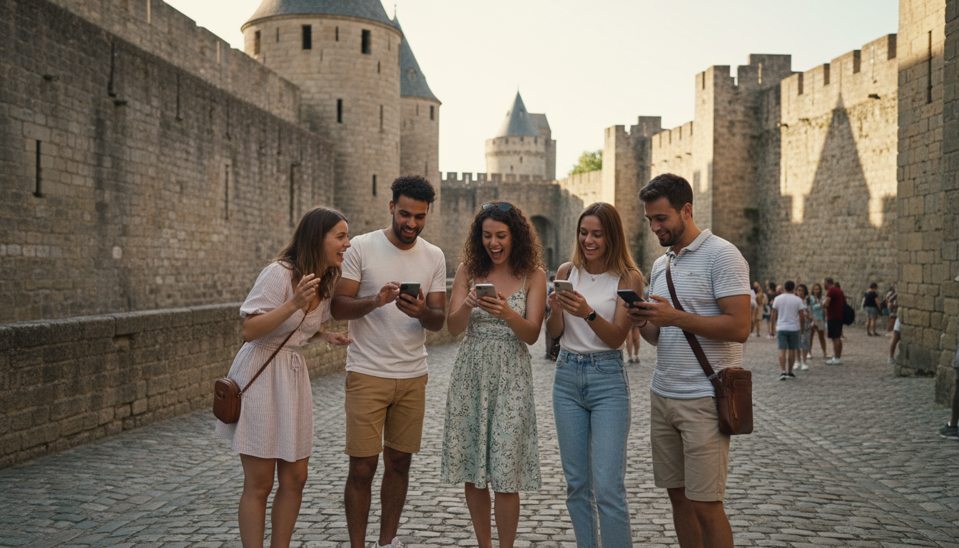 Groupe d'amis jouant au jeu de piste Urban Quest dans les rues médiévales de Carcassonne