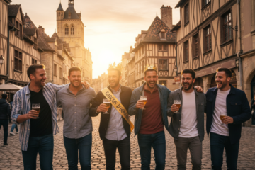 Groupe amis célébrant EVG EVJF à Dijon centre historique