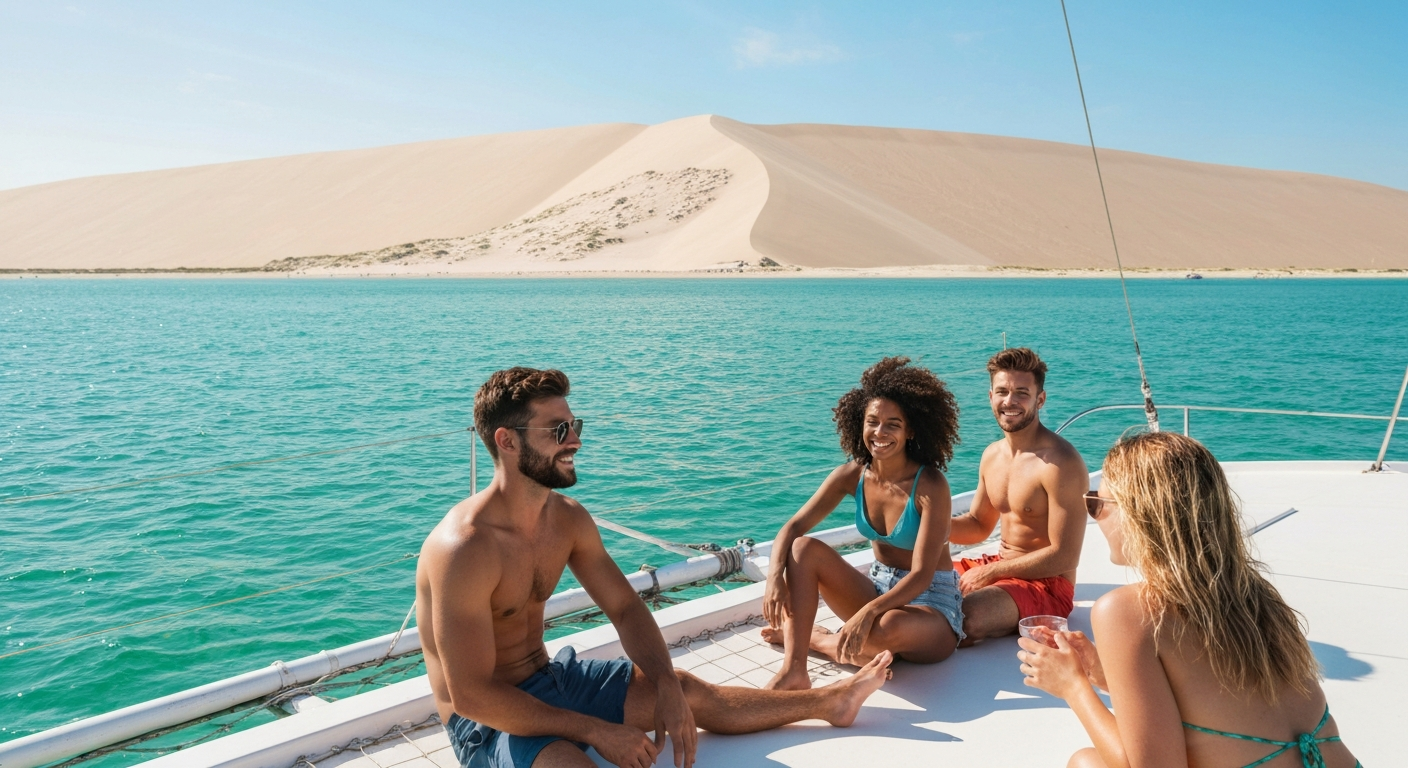 Groupe d'amis sur un catamaran sur le Bassin d'Arcachon avec la Dune du Pilat en fond