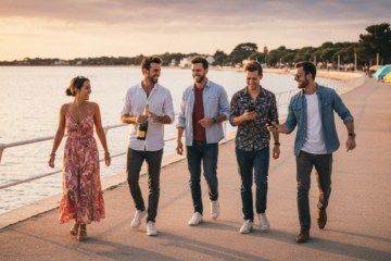 Groupe d amis celebrant un EVG EVJF sur le front de mer d Arcachon