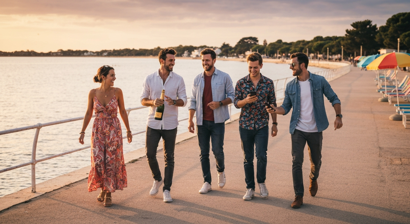 Groupe d'amis célébrant un EVG EVJF à Arcachon au bord du Bassin