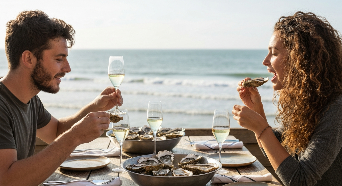 Groupe d'amis dégustant des huîtres dans une cabane ostréicole au bord du Bassin d'Arcachon