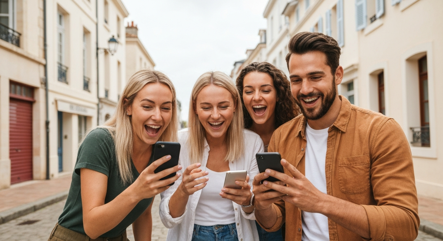 Groupe d'amis jouant au jeu de piste Urban Quest dans les rues d'Arcachon