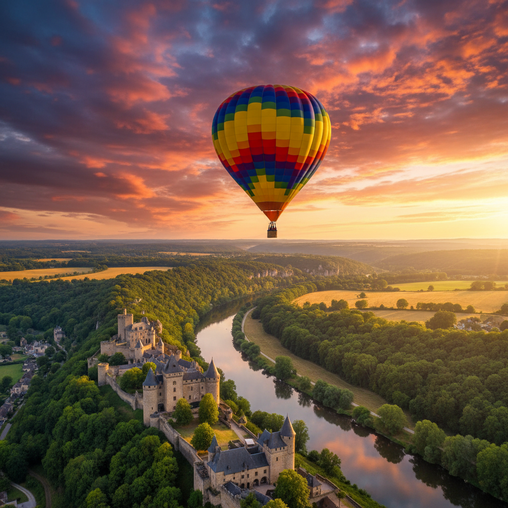 Vol en montgolfière au-dessus de la vallée de la Dordogne près de Sarlat