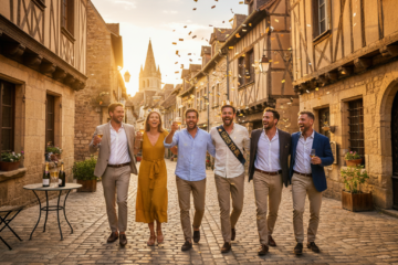Groupe d amis célébrant un EVG EVJF dans les rues médiévales de Sarlat