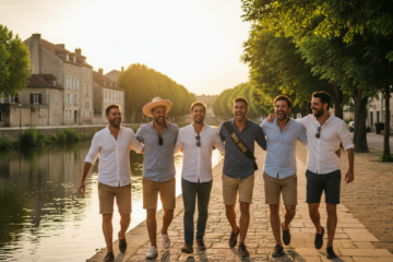 Groupe amis célébrant EVG EVJF à Mont-de-Marsan bords de Midouze