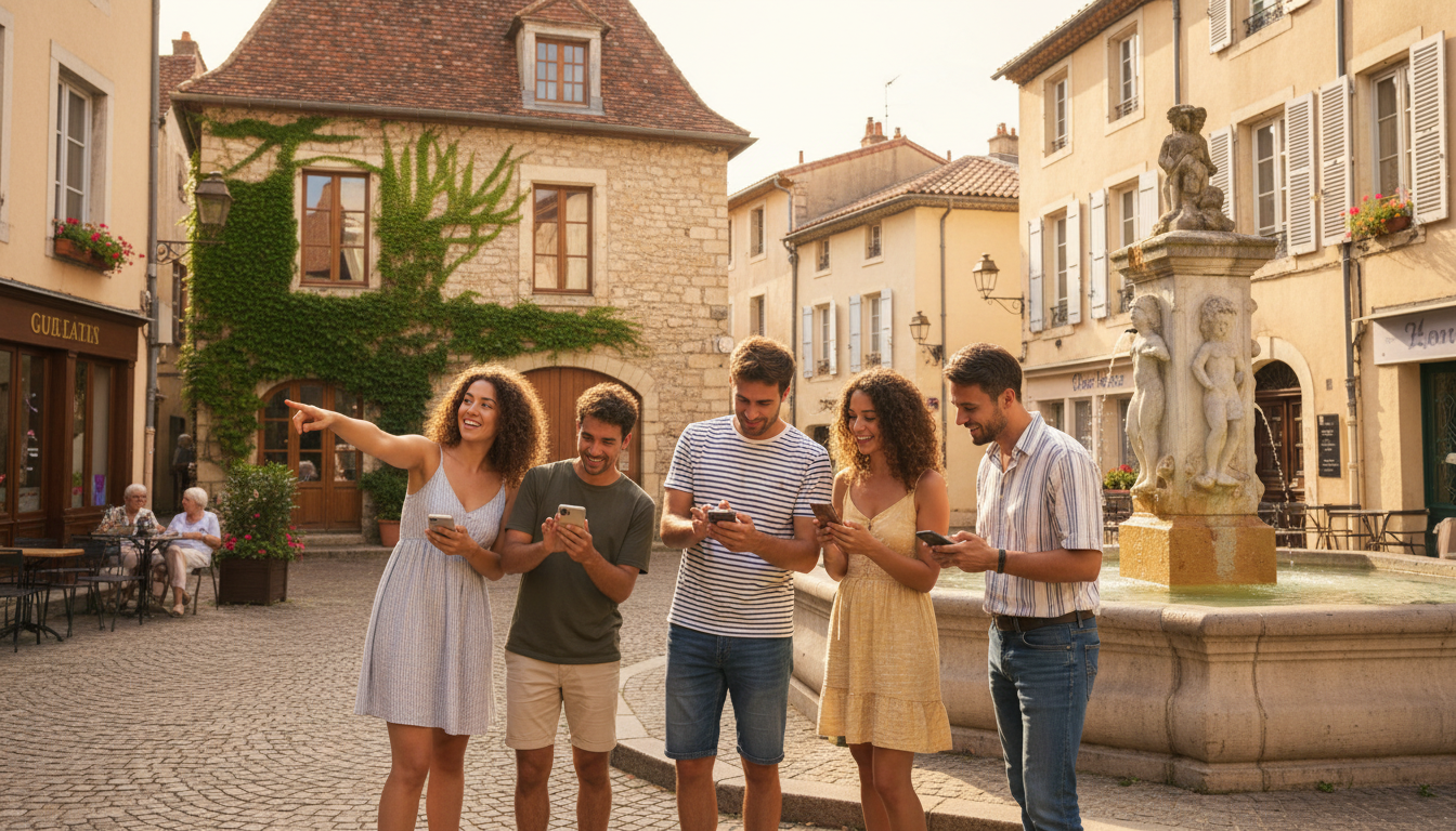 Groupe d'amis jouant au jeu de piste Urban Quest à Mont-de-Marsan pour un EVG EVJF dans les Landes
