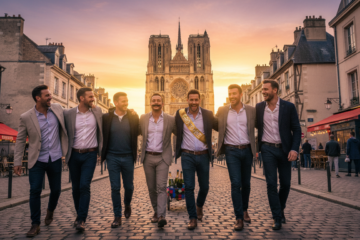 Groupe amis célébrant EVG EVJF à Reims devant la cathédrale
