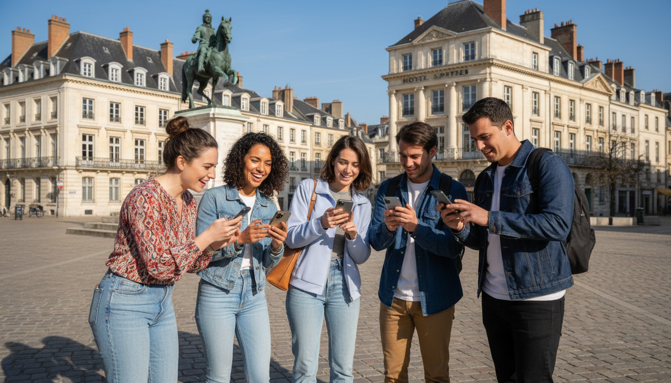 Groupe d'amis jouant au jeu de piste Urban Quest à Reims pour un EVG EVJF