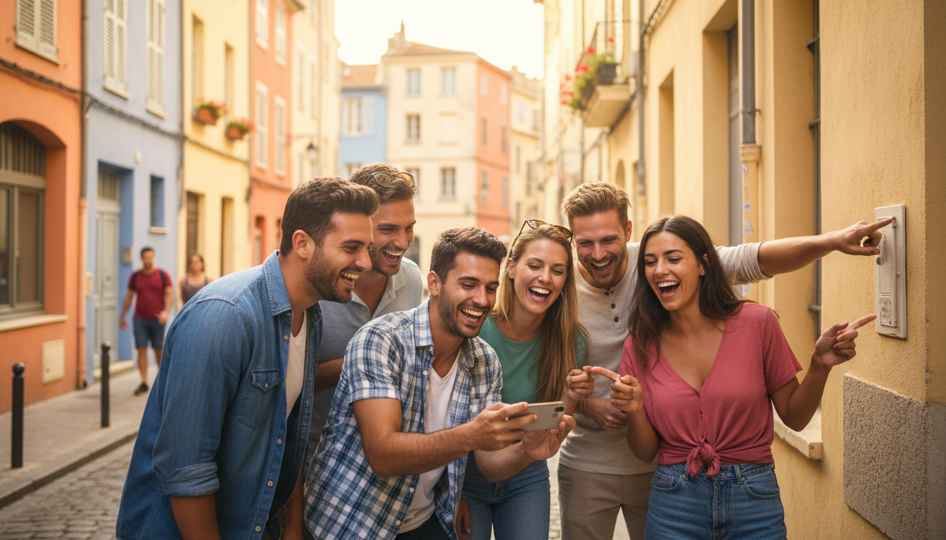 Groupe d'amis jouant au jeu de piste Urban Quest dans les rues de Toulon