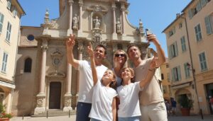 Famille devant la cathédrale d'Antibes pendant un jeu de piste