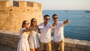 Amis jouant au jeu de piste Urban Quest devant les remparts du Vieil Antibes