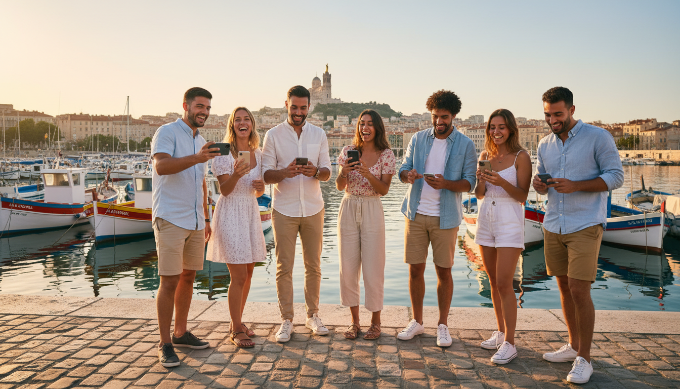 Groupe d'amis jouant au jeu de piste Urban Quest sur le Vieux-Port de Marseille