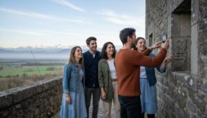 Jeu de piste Urban Quest à Navarrenx - Amis explorant les remparts