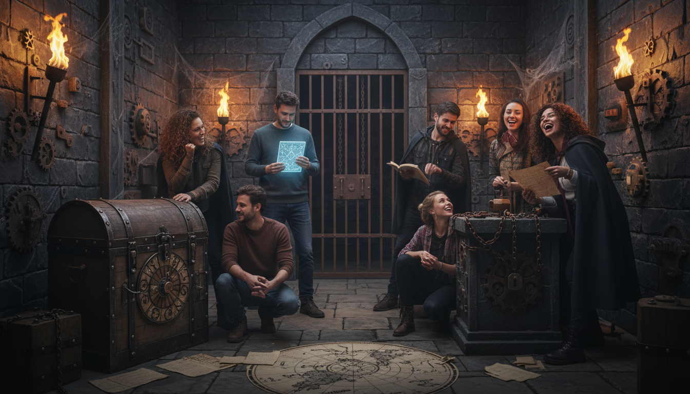 Groupe d'amis dans un escape game médiéval à Reims pour EVG EVJF
