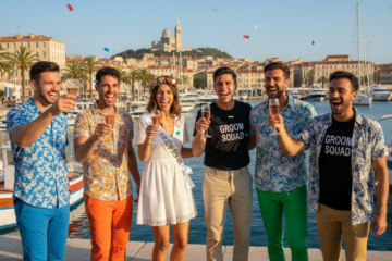 Groupe d amis fêtant un EVG EVJF à Marseille devant le Vieux-Port