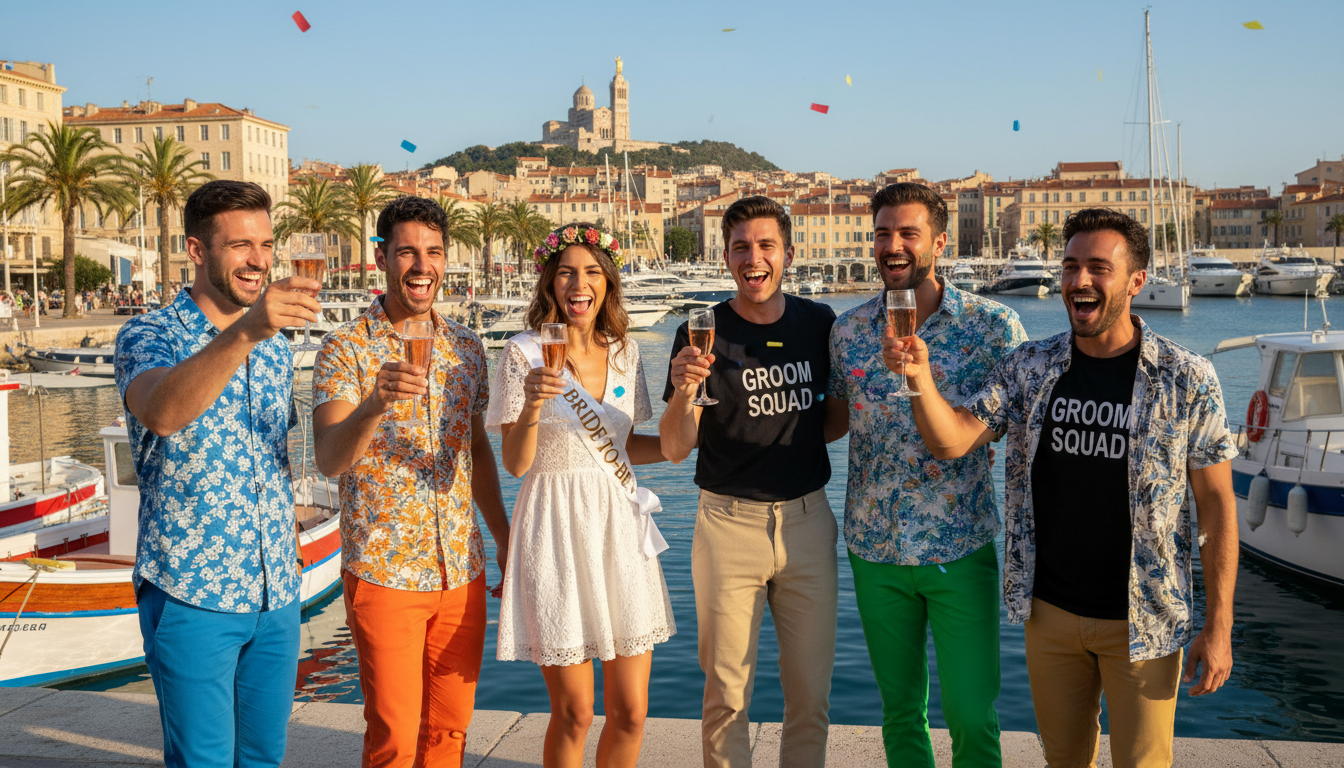 Groupe d'amis fêtant un EVG EVJF à Marseille devant le Vieux-Port