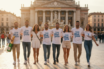 Groupe d amis fêtant un EVG EVJF à Montpellier Place de la Comédie