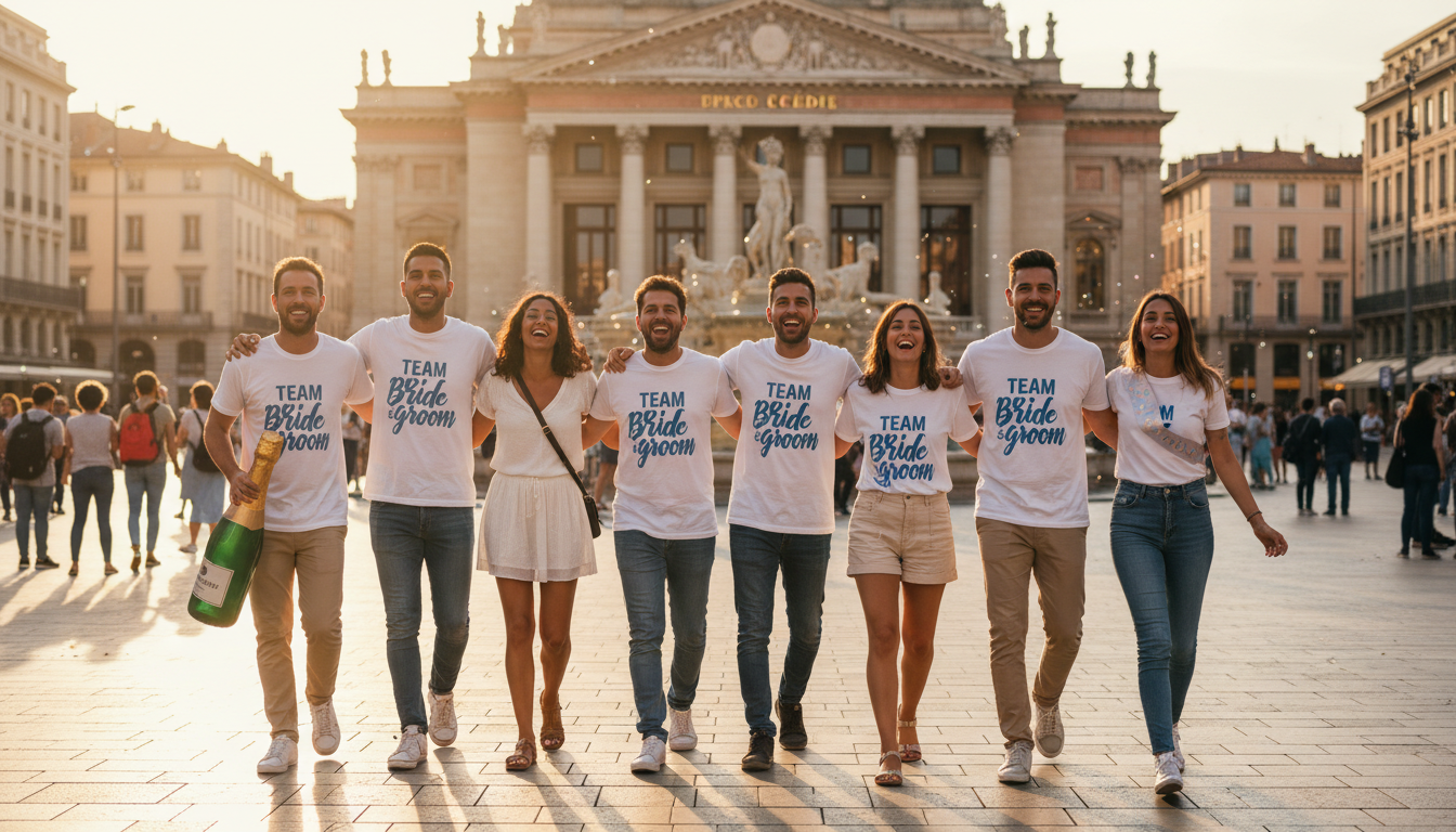 Groupe d'amis fêtant un EVG EVJF à Montpellier Place de la Comédie