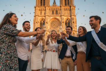 Groupe d amis trinquant au champagne devant la cathédrale de Reims pour un EVG EVJF