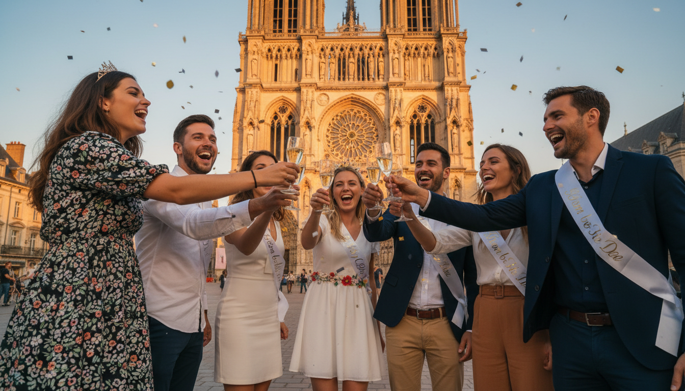 Groupe d'amis trinquant au champagne devant la cathédrale de Reims pour un EVG EVJF