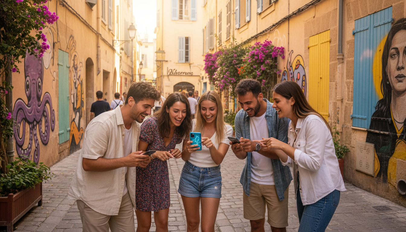 Amis jouant au jeu de piste Urban Quest sur smartphone dans le Panier à Marseille