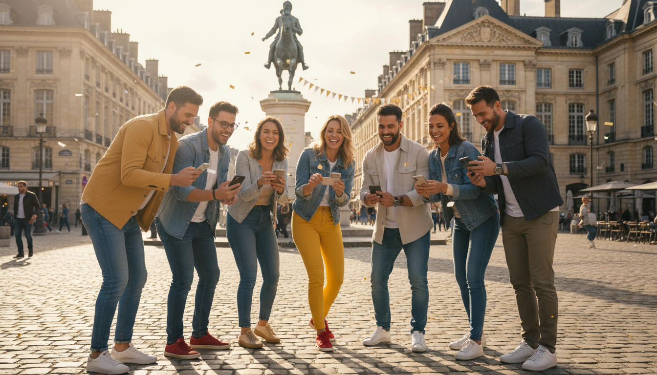 Amis jouant sur smartphone pendant un jeu de piste Urban Quest dans les rues de Reims