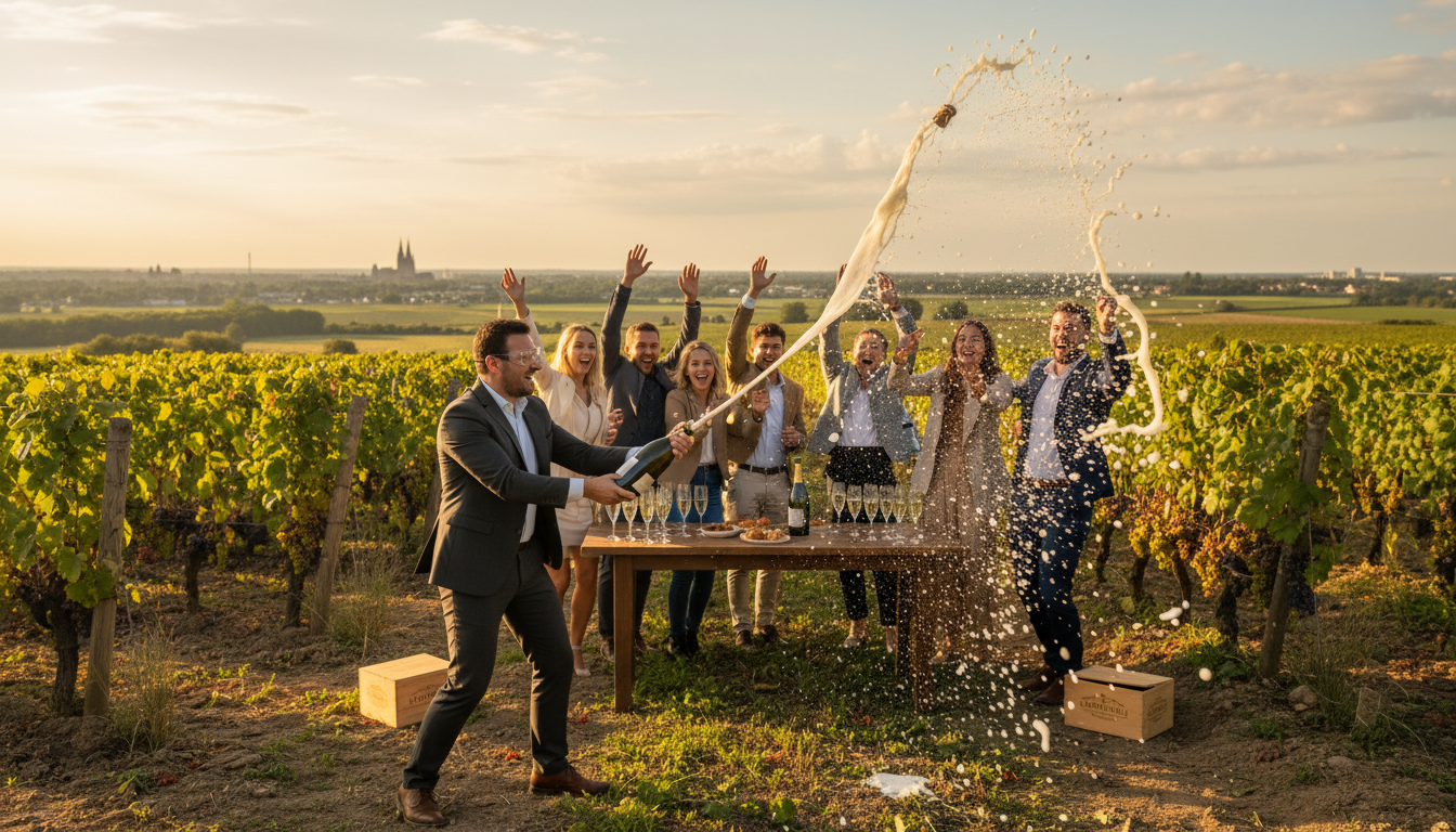 Initiation au sabrage de champagne dans les vignobles près de Reims